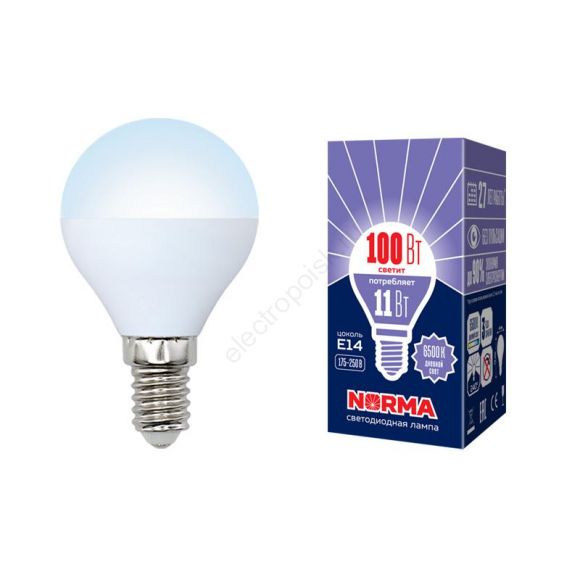 Лампа светодиодная LED-G45-11W/DW/E14/FR/NR Форма шар, матовая. Серия Norma. Дневной белый свет (6500K). Картон. ТМ Volpe