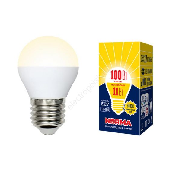 Лампа светодиодная LED-G45-11W/WW/E27/FR/NR Форма шар, матовая. Серия Norma. Теплый белый свет (3000K). Картон. ТМ Volpe