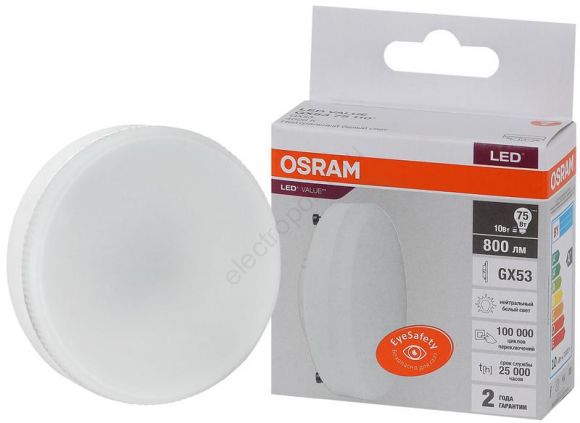 Лампа светодиодная LED 10 Вт GX53 4000К 800Лм таблетка 220 В (замена 75Вт) OSRAM (4058075582095)