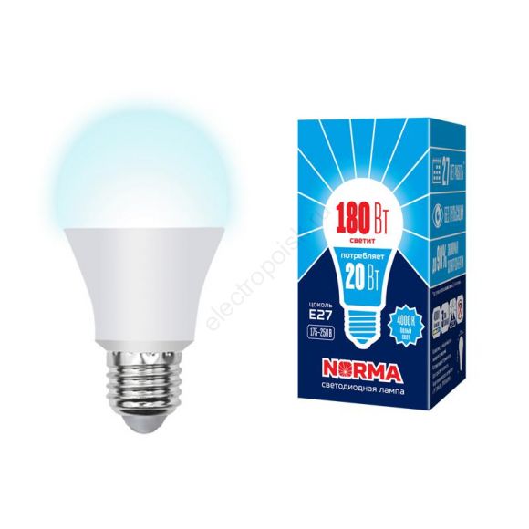 Лампа светодиодная LED-A65-20W/NW/E27/FR/NR Форма A, матовая. Серия Norma. Белый свет (4000K). Картон. ТМ Volpe