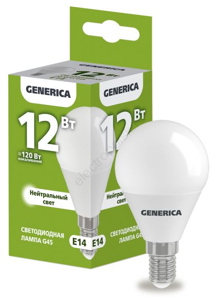 Лампа светодиодная G45 шар 12Вт 230В 4000К E14 GENERICA (LL-G45-12-230-40-E14-G)