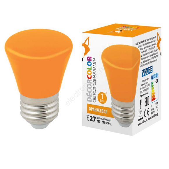 Лампа декоративная светодиодная LED-D45-1W/ORANGE/E27/FR/С BELL  Форма Колокольчик матовая Цвет оранжевый Картон ТМ Volpe (UL-00005642)