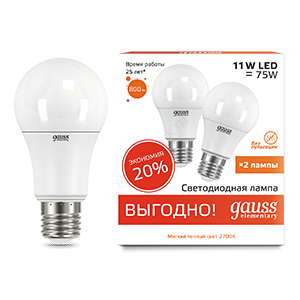 Лампа светодиодная LED 11 Вт 800 Лм 3000К теплая E27 A60 (2 лампы в упаковке) Elementary Gauss
