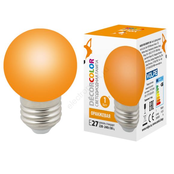 Лампа декоративная светодиодная LED-G45-1W/ORANGE/E27/FR/С Форма шар матовая Цвет оранжевый Картон ТМ Volpe (UL-00005650)