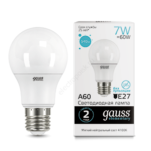 Лампа светодиодная LED 7 Вт 540 Лм 4100К белая E27 A60 Elementary Gauss
