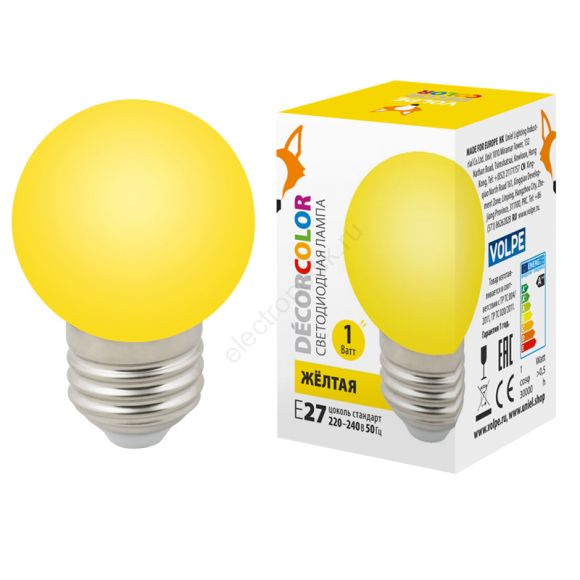 Лампа декоративная светодиодная LED-G45-1W/YELLOW/E27/FR/С Форма шар матовая. Цвет желтый Картон ТМ Volpe (UL-00005649)