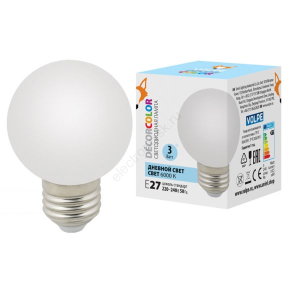 Лампа декоративная светодиодная LED-G60-3W/6000K/E27/FR/С Форма шар матовая. Дневной свет 6000K Картон ТМ Volpe (UL-00006956)