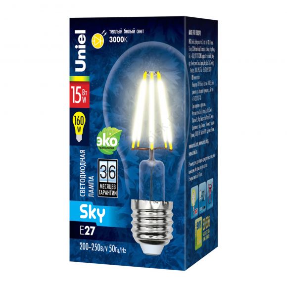 LED-A70-15W/3000K/E27/CL PLS02WH Лампа светодиодная. Форма ''A'', прозрачная. Серия Sky. Теплый белый свет (3000K). Картон. ТМ Uniel.'' (UL-00004868)
