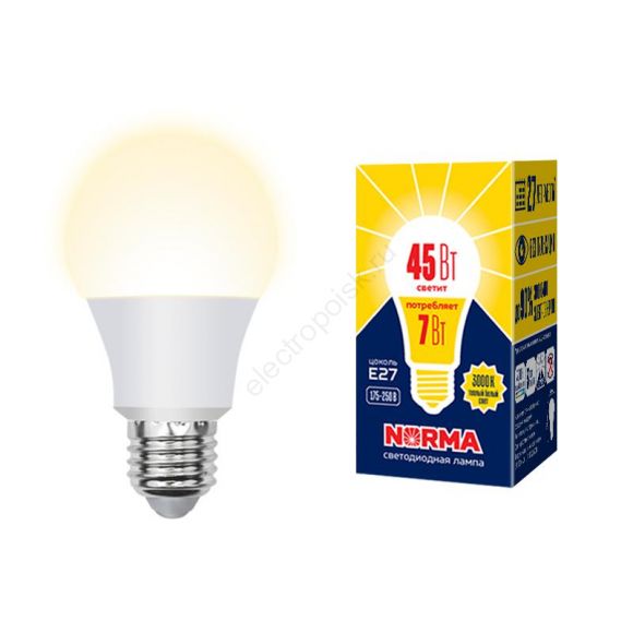 Лампа светодиодная LED-A60-7W/3000K/E27/FR/NR Форма A матовая Серия Norma Теплый белый свет (3000K) Картон ТМ Volpe (UL-00005619)