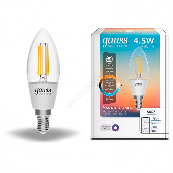 Лампа светодиодная умная LED 4.5 Вт 495 Лм 2000-6500К E14 свеча изм.цвет.темп.+дим. управление по Wi-Fi Smart Home Filament Gauss (1250112)