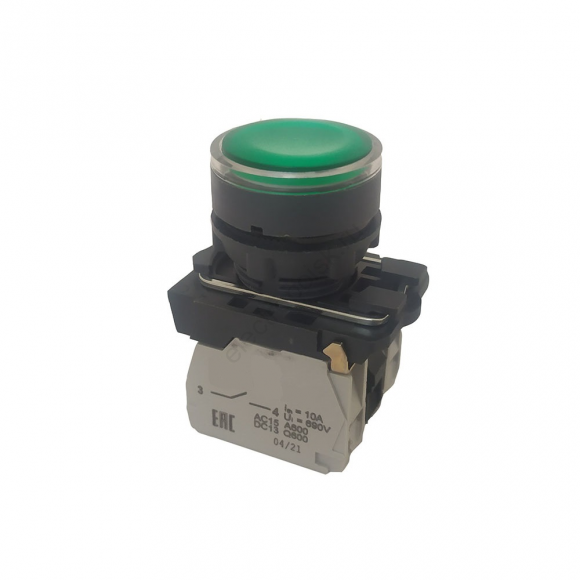 Кнопка КМЕ4511мЛ-220В-зеленый-1но+1нз-цилиндр-индикатор-IP54-КЭАЗ