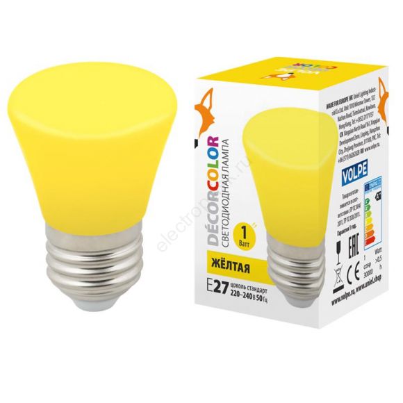 Лампа декоративная светодиодная Форма LED-D45-1W/YELLOW/E27/FR/С BELL Колокольчик матовая Цвет желтый Картон ТМ Volpe (UL-00005641)