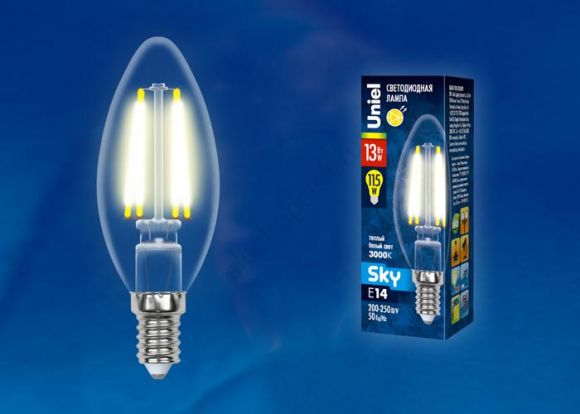 LED-C35-13W/3000K/E14/CL PLS02WH Лампа светодиод  ая. Форма свеча, прозрачная. Серия Sky. Теплый белый свет (3000К) (UL-00005899)