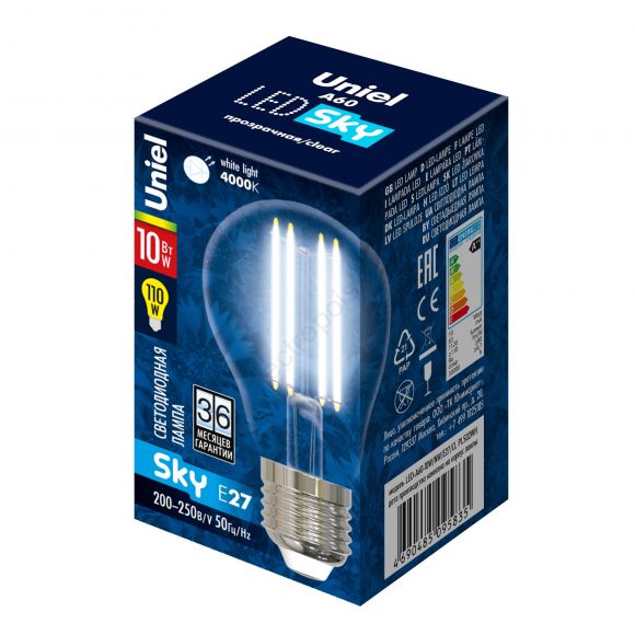 Лампа светодиодная LED 10вт 200-250В форма А прозрачное 920Лм E27 4000К Uniel Sky филамент (UL-00002626)