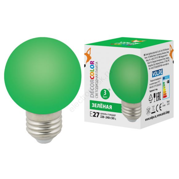 Лампа декоративная светодиодная LED-G60-3W/GREEN/E27/FR/С Форма шар матовая Цвет зеленый Картон ТМ Volpe (UL-00006958)