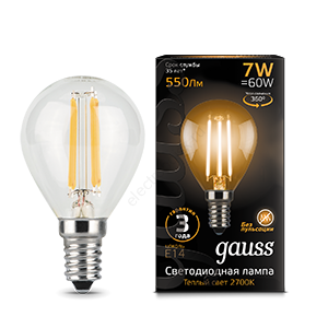Лампа светодиодная LED 7 Вт 550 Лм 2700К теплая Е14 Шар Filament Gauss (105801107)