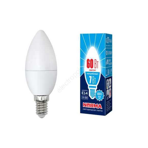 Лампа светодиодная LED-C37-7W/NW/E14/FR/NR Форма свеча, матовая. Серия Norma. Белый свет (4000K). Картон. ТМ Volpe (UL-00003795)