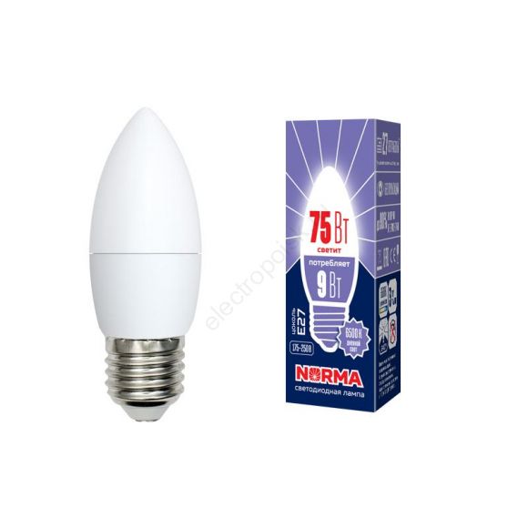 Лампа светодиодная LED-C37-9W/DW/E27/FR/NR Форма свеча, матовая. Серия Norma. Дневной белый свет (6500K). Картон. ТМ Volpe (UL-00003805)