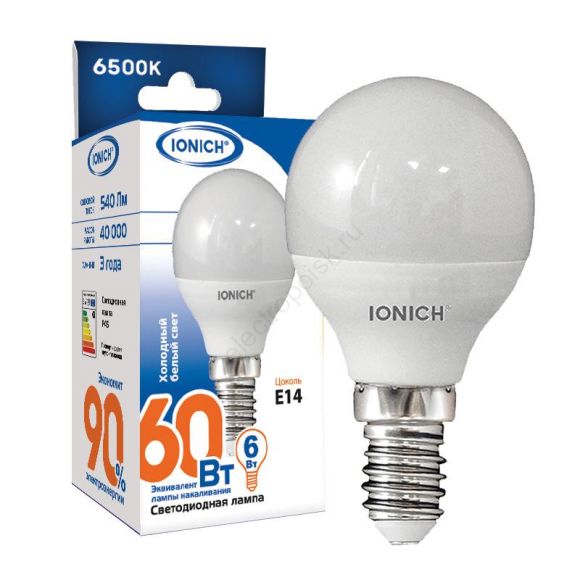 Лампа светодиодная LED 6w 6500К, E14, 540Лм, матовая, шар IONICH (1610)