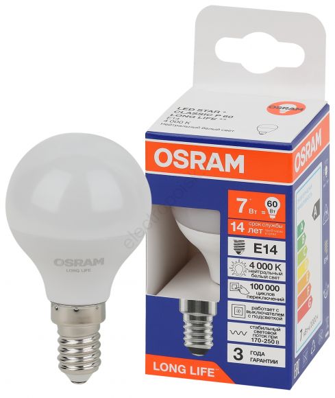 Лампа светодиодная LED 7Вт Е14 4000К 600Лм шар 220В (замена 60Вт) OSRAM (4099854186455)