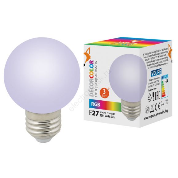Лампа декоративная светодиодная LED-G60-3W/RGB/E27/FR/С Форма шар матовая.Цвет RGB Картон  ТМ Volpe (UL-00006960)