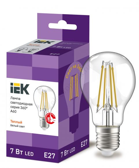 Лампа светодиодная LED 7вт Е27 теплый FILAMENT (LLF-A60-7-230-30-E27-CL)