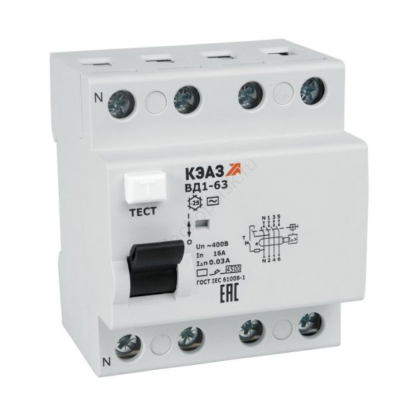 Выключатель дифференциального тока (УЗО) без защиты от сверхтоков 4П 25А 30мА ВД1-63-4225-АС-УХЛ4-КЭАЗ