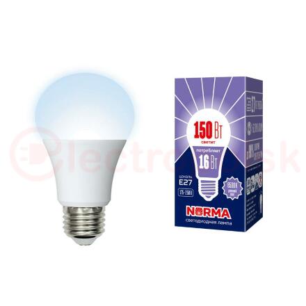 Лампа светодиодная LED-A60-16W/DW/E27/FR/NR Форма A, матовая. Серия Norma. Дневной белый свет (6500K). Картон. ТМ Volpe