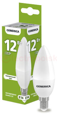 Лампа светодиодная C35 свеча 12Вт 230В 4000К E14 GENERICA Лампа светодиодная C35 свеча 12Вт 230В 4000К E14 GENERICA