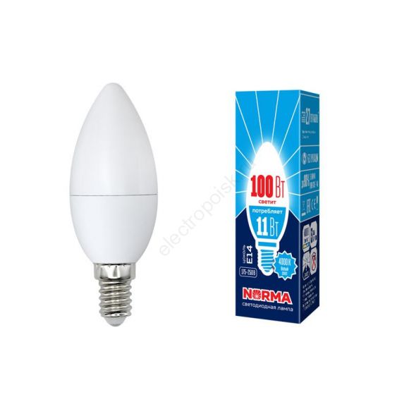 Лампа светодиодная LED-C37-11W/NW/E14/FR/NR Форма свеча, матовая. Серия Norma. Белый свет (4000K). Картон. ТМ Volpe (UL-00003811)