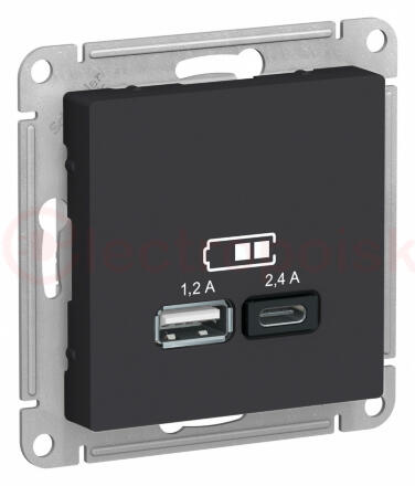 РОЗЕТКА USB ATLASDESIGN A+С, 5В/2,4А, 2х5В/1,2 А, механизм, КАРБОН РОЗЕТКА USB ATLASDESIGN A+С, 5В/2,4А, 2х5В/1,2 А, механизм, КАРБОН