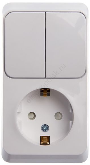 ЭТЮД Блок открытой установки Розетка с зеземлением со шторками + Выключатель двухклавишный белый BPA16-202B