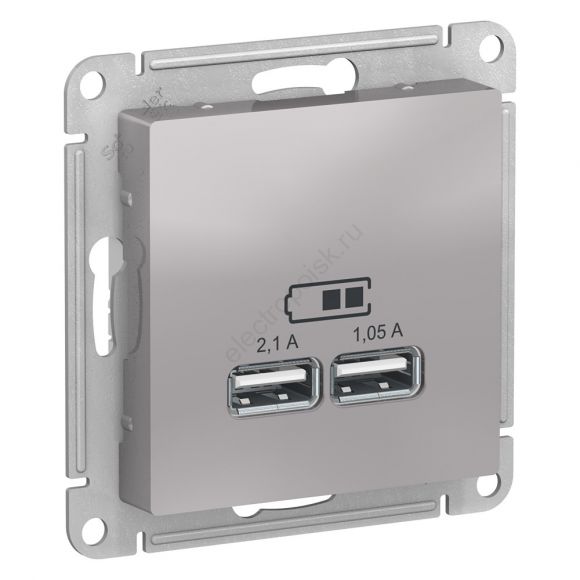 Розетка ATLASDESIGN USB 5В 1 порт x 2,1 А 2 порта х 1,05 А,механизм алюминий ATN000333