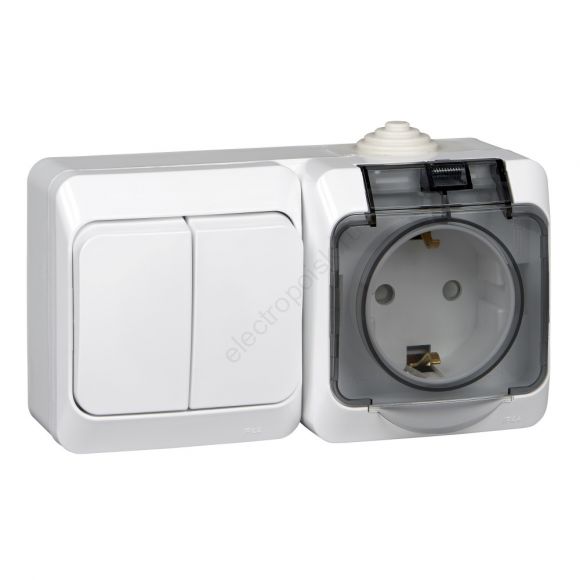 ЭТЮД Блок Выключатель двухклавишный/Розетка наружная с заземлением со шторками IP44 белый BPA16-242B