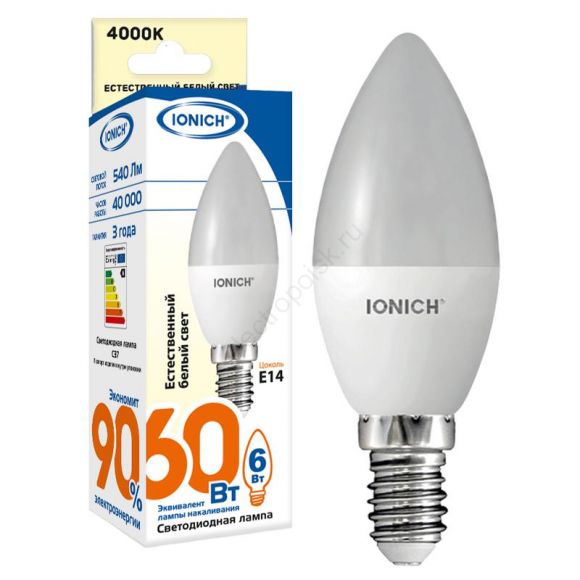 Лампа светодиодная LED 6w 4000К, E14, 540Лм, матовая свеча IONICH (1529)