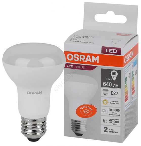 Лампа светодиодная LED 8 Вт E27 3000К 640Лм гриб 220 В (замена 60Вт) OSRAM (4058075581838)