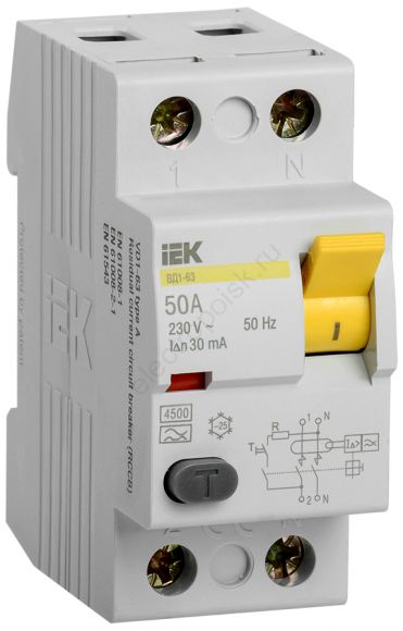 Выключатель дифференциального тока (УЗО) 2п 50А 30мА ВД1-63 АС(Электромеханическое)