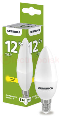 Лампа светодиодная C35 свеча 12Вт 230В 3000К E14 GENERICA Лампа светодиодная C35 свеча 12Вт 230В 3000К E14 GENERICA