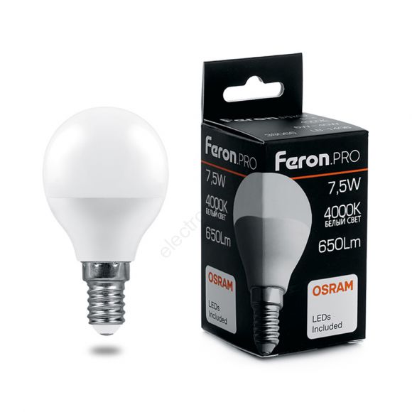 Лампа светодиодная LED 7.5вт Е14 белый матовый шар Feron.PRO (38072)