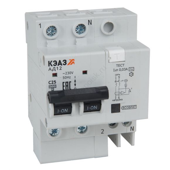 Выключатель автоматический дифференциального тока АВДТ с защитой от сверхтоков 2П 25А 100мА АC АД12-23C25-АC-УХЛ4