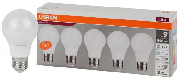 Лампа светодиодная LED 7 Вт E27 6500К 560Лм груша 220 В (замена 60Вт) OSRAM (4058075577688)