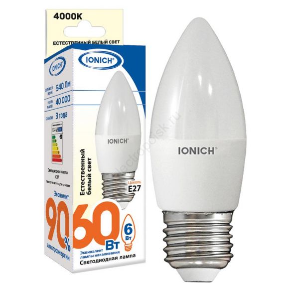 Лампа светодиодная LED 6w 4000К, E27, 540Лм, матовая свеча IONICH (1532)