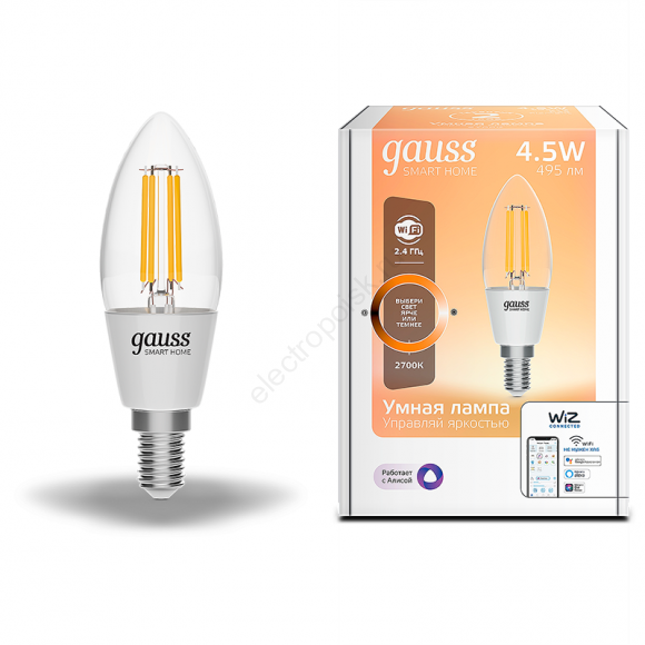 Лампа светодиодная умная LED 4.5 Вт 495 Лм 2700К E14 свеча диммируемая управление по Wi-Fi Smart Home Filament Gauss (1230112)