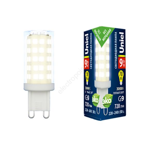 Лампа светодиодная LED-JCD-9W/3000K/G9/CL GLZ09TR прозрачная теплый белый свет (UL-00006488)