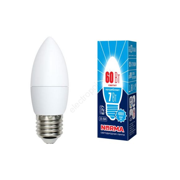 Лампа светодиодная LED-C37-7W/NW/E27/FR/NRФорма свеча, матовая. Серия Norma. Белый свет (4000K). Картон. ТМ Volpe (UL-00003798)