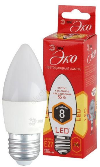 Лампа светодиодная LED B35-8W-827-E27(диод,свеча,8Вт,тепл,E27) (Б0030020)