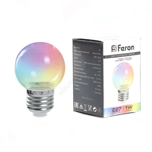 Лампа светодиодная LED 1вт Е27 RGB прозрачный плавная смена цвета шар (38132)