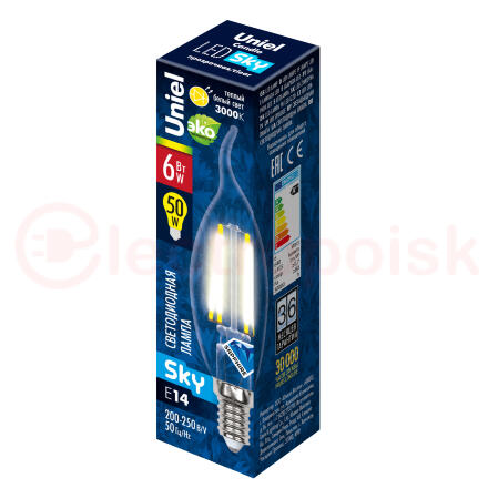 Лампа светодиодная LED 6вт 200-250В свеча на ветру прозрачное 500Лм Е14 4000К Uniel Sky филамент
