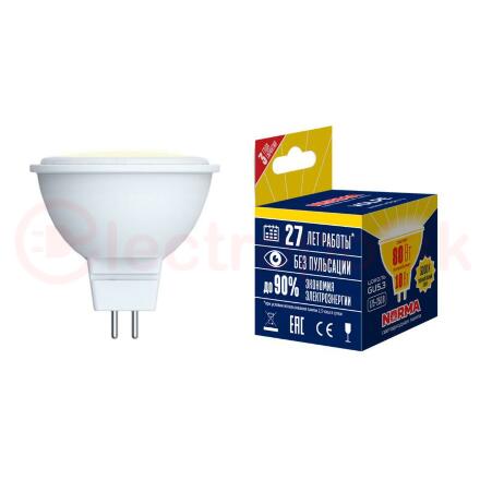 Лампа светодиодная LED-JCDR-7W/WW/GU5.3/NR Форма JCDR, матовая. Серия Norma. Теплый белый свет (3000K). Картон. ТМ Volpe