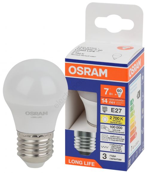 Лампа светодиодная LED 7Вт Е27 2700К 600Лм шар 220В (замена 60Вт) OSRAM (4099854186516)